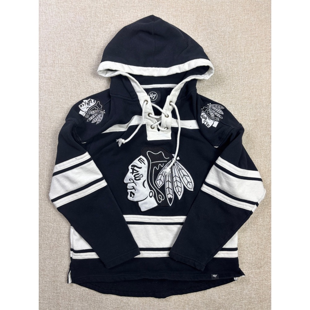 47 Brand Chicago Blackhawks Mens Lace Up Hoodie Hockey Jersey Black White Medium